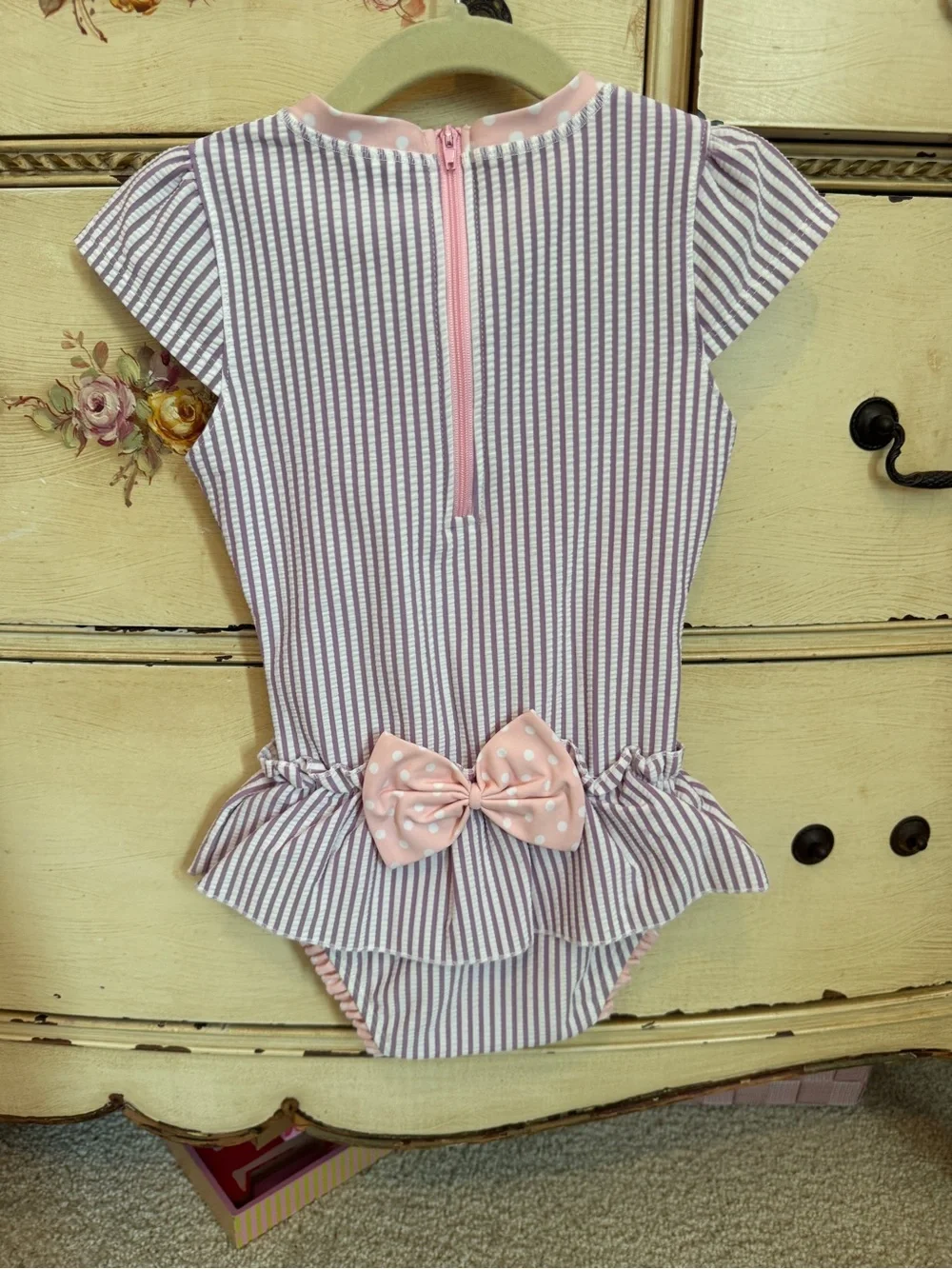 Ruffle Butts Lavender and White Striped Ruffle One-Piece
